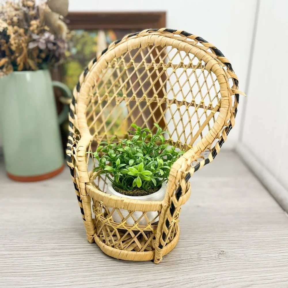 Vintage Wicker Peacock Chair Plant Holder - Black Accent Decor‎